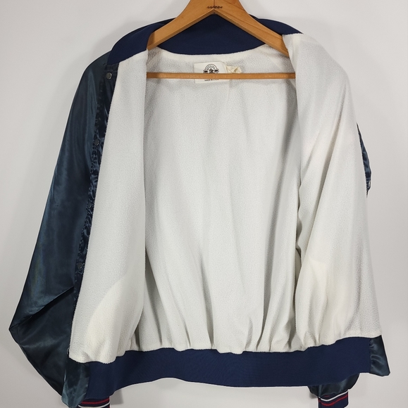 Vtg Bud Light Snap Front Satin Jacket Men's Large Navy Blue Nylon Distressed - Picture 10 of 14